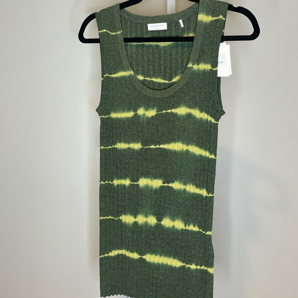 Sandro Olive Green & Lemon Tie-Dye Ribbed Tank Top Size 2